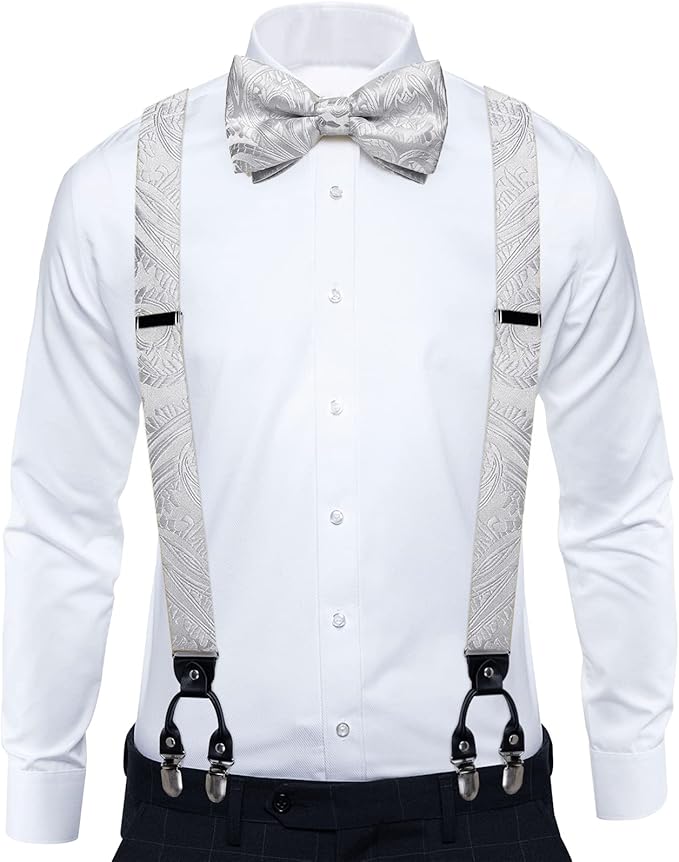 Dluxe Ave. Silver Grey Bow Tie and Suspenders for Men 6 Clips Adjustable Y Braces Paisley Pocket Square Cufflinks