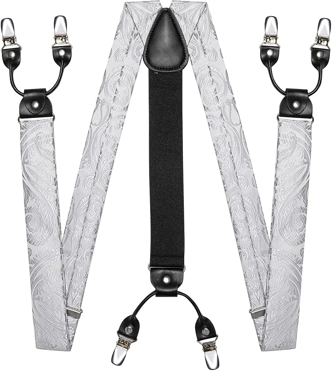 Dluxe Ave. Silver Grey Bow Tie and Suspenders for Men 6 Clips Adjustable Y Braces Paisley Pocket Square Cufflinks