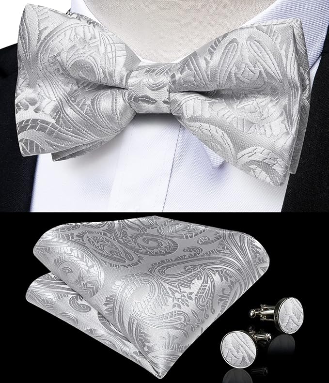 Dluxe Ave. Silver Grey Bow Tie and Suspenders for Men 6 Clips Adjustable Y Braces Paisley Pocket Square Cufflinks