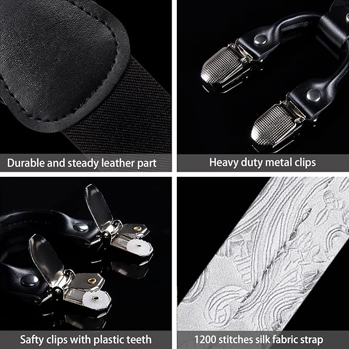 Dluxe Ave. Silver Grey Bow Tie and Suspenders for Men 6 Clips Adjustable Y Braces Paisley Pocket Square Cufflinks