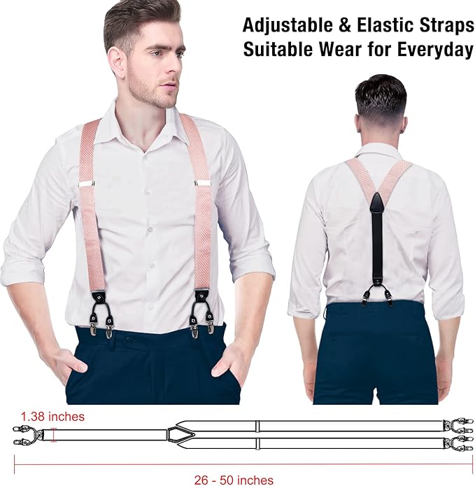 Dluxe Ave. Silver Grey Bow Tie and Suspenders for Men 6 Clips Adjustable Y Braces Paisley Pocket Square Cufflinks