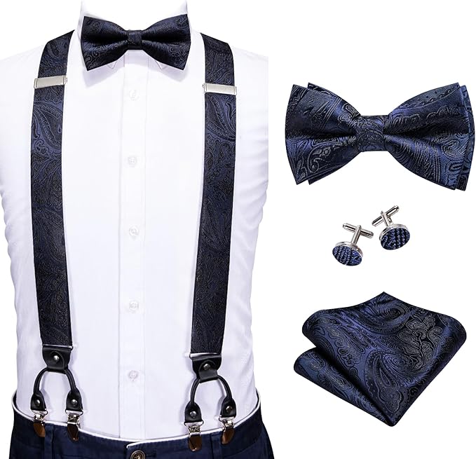 Dluxe Ave. Suspenders and Bow ties for Men Formal 6 Clips Y-Shape Adjustable Suspenders Self Bow Tie Pocket Square Cufflinks Set Black and Navy Blue