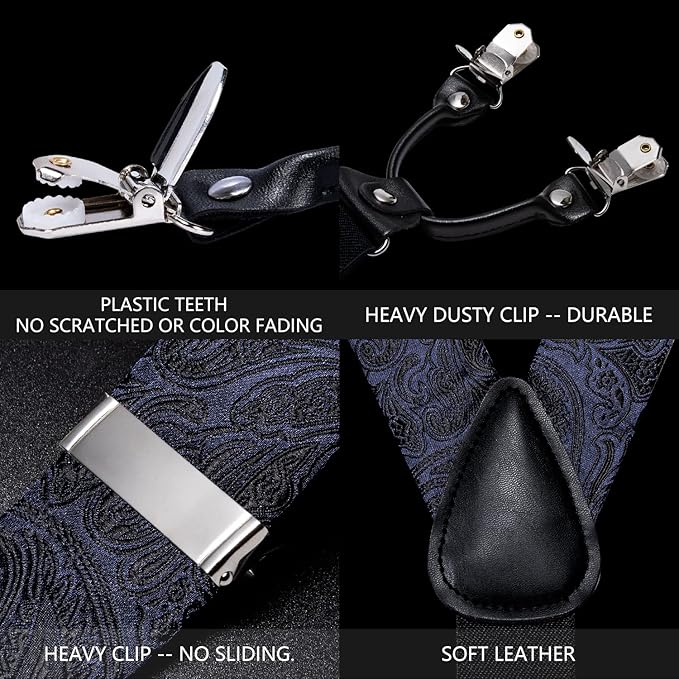 Dluxe Ave. Suspenders and Bow ties for Men Formal 6 Clips Y-Shape Adjustable Suspenders Self Bow Tie Pocket Square Cufflinks Set Black and Navy Blue