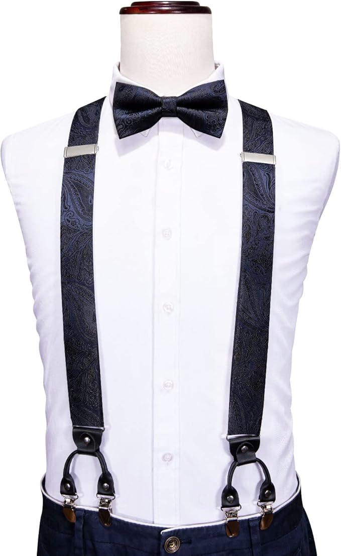 Dluxe Ave. Suspenders and Bow ties for Men Formal 6 Clips Y-Shape Adjustable Suspenders Self Bow Tie Pocket Square Cufflinks Set Black and Navy Blue