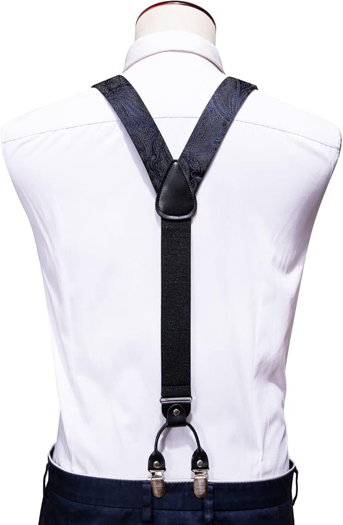 Dluxe Ave. Suspenders and Bow ties for Men Formal 6 Clips Y-Shape Adjustable Suspenders Self Bow Tie Pocket Square Cufflinks Set Black and Navy Blue