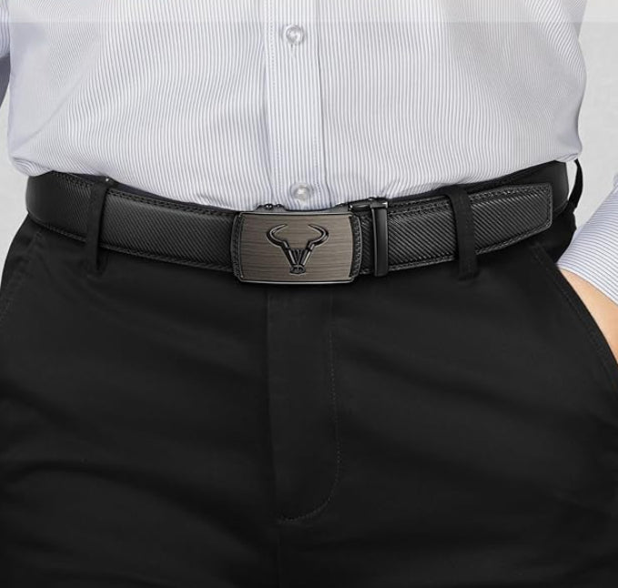 Dluxe Ave. Ratchet Leather Belt for Men Dress and Casual Pants/ Jeans 1 3/8" (Black44"-52" Waist Adjustable)