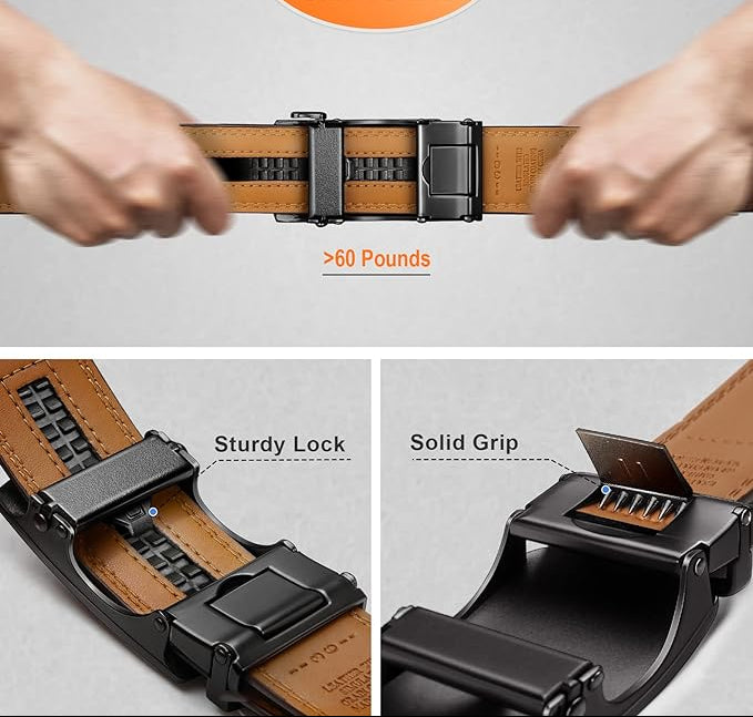Dluxe Ave. Ratchet Leather Belt for Men Dress and Casual Pants/ Jeans 1 3/8" (Black44"-52" Waist Adjustable)