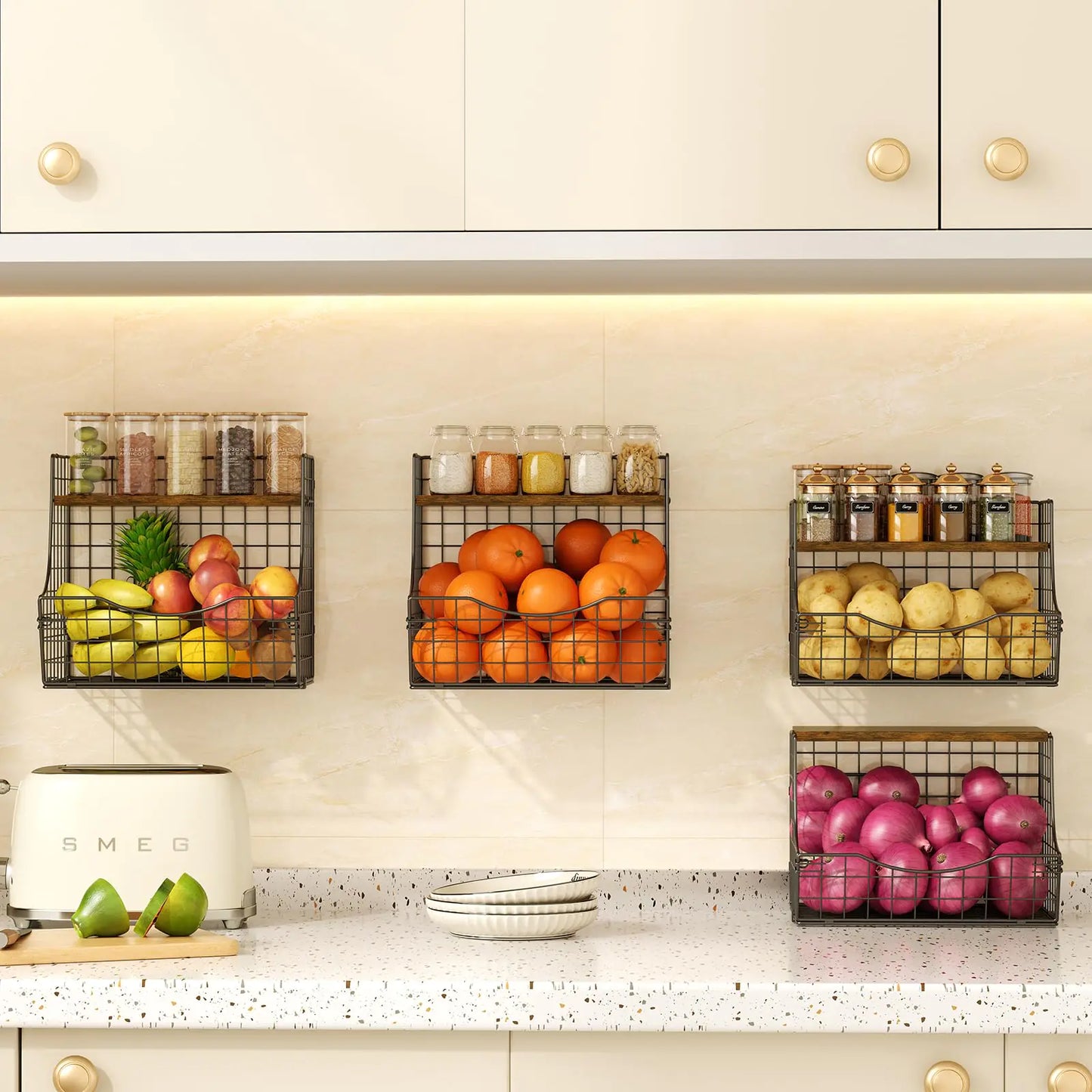 Dluxe ave. Fruit Basket for Kitchen with Lid/ Counter&Wall Mounted Hanging Basket/4 Pack(small and large)