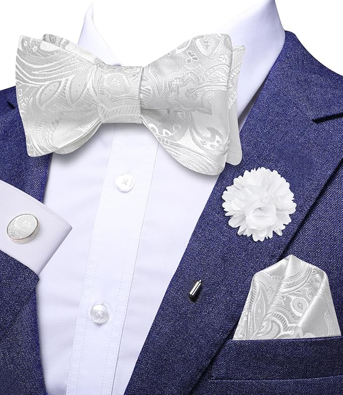 Dluxe Ave. Mens Paisley Flroal Bow Ties and Lapel Pin Set Self Tie Bowties for Men Pocket Square Cufflinks