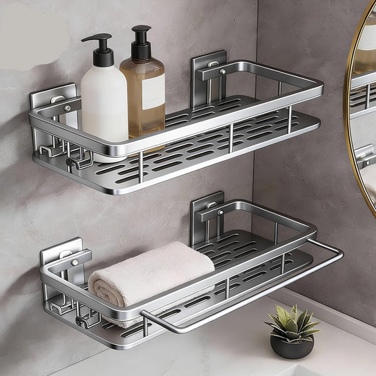 Dluxe Ave. Adhesive Shower Shelves 2-Pack with Hooks and Rod/ Silver