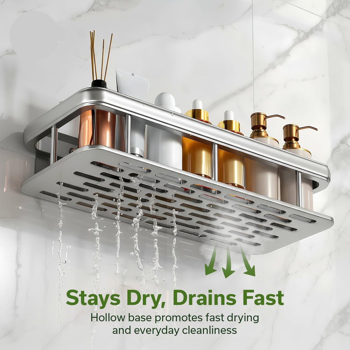 Dluxe Ave. Aluminum Shower Caddy, Adhesive Shower Shelves 2-Pack with Hooks and Rod, No Drill, Wall Mount, Rustproof Premium Organizer for Bathroom, (Silver)