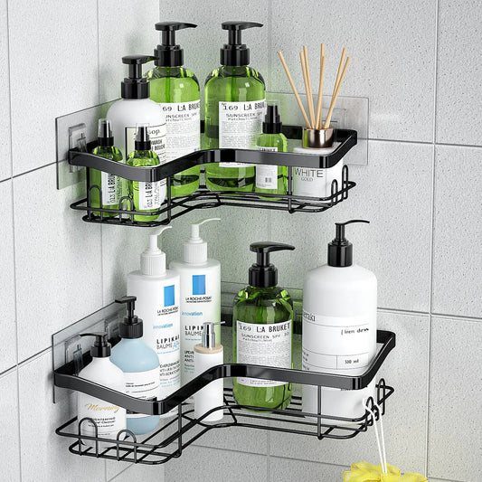 Dluxe Ave. Corner Shower Caddy 2 Pack Adhesive Shower Organizer with 8 Hooks,No Drilling, Rustproof, Stainless (Black)