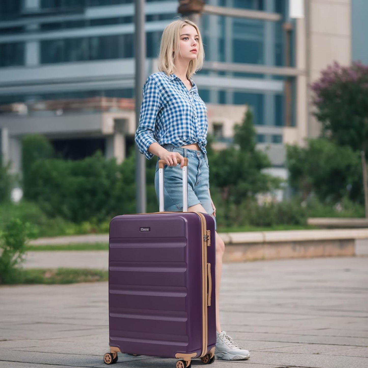 Dluxe Ave. 5 Piece Suitcases with Wheels/ ABS Hard Case/ TSA Lock/ Spinner Wheels/ ( Violet) 20/24/28 in