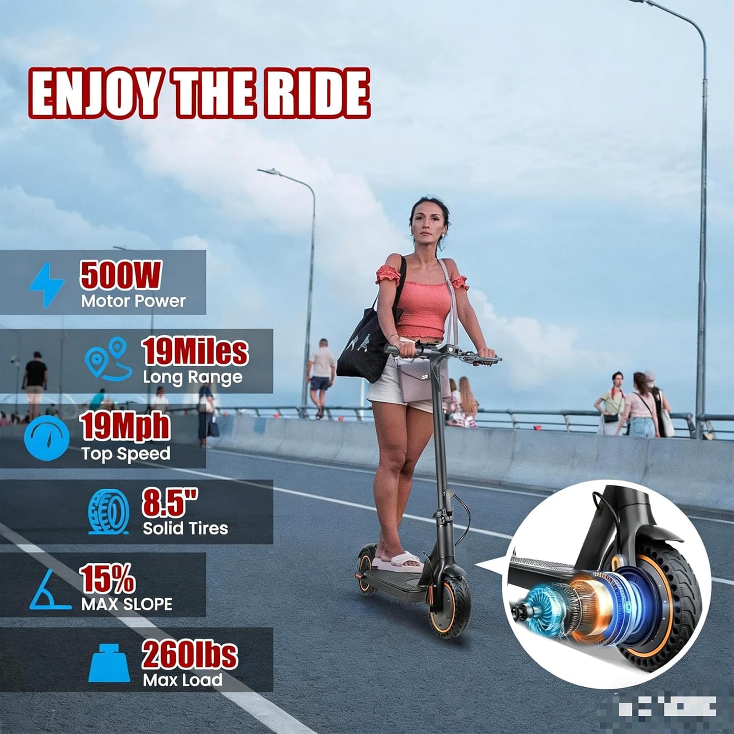 Dluxe Ave. Adult Electric Scooter, Foldable 500W Motor 17-20 Mile Range &17- 20Mph Speed 8.5 Solid Tires