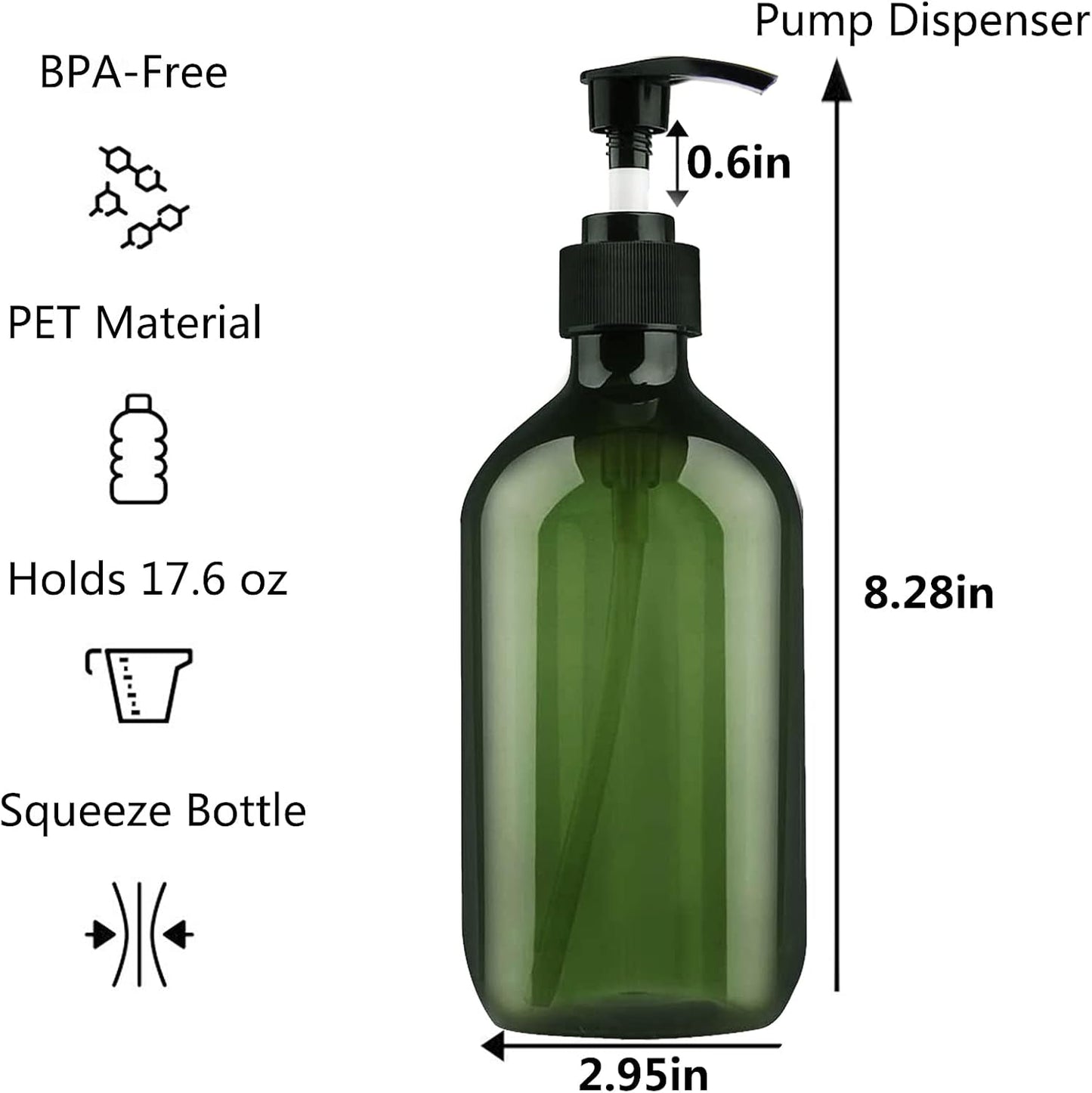 Dluxe Ave.  Refillable Plastic Bottles with Pump Dispenser/ 6pcs, Labels Included /500ml 16.9oz  (3 Pack(Green)
