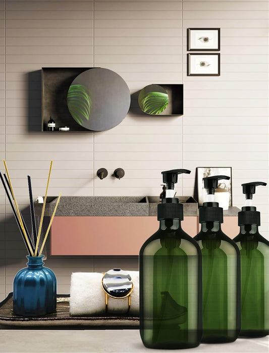 Dluxe Ave.  Refillable Plastic Bottles with Pump Dispenser/ 6pcs, Labels Included /500ml 16.9oz  (3 Pack(Green)