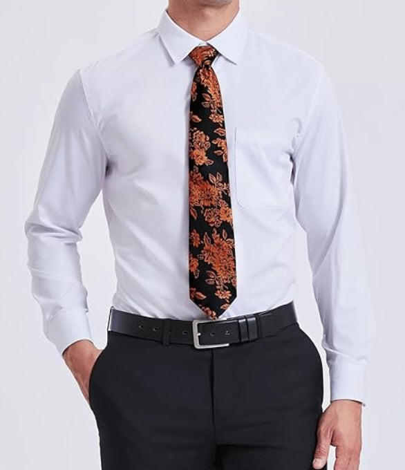 Dluxe Ave. Mens Ties Orange Tie Orange & Black Floral Tie for Men Pocket Square Cufflinks Set