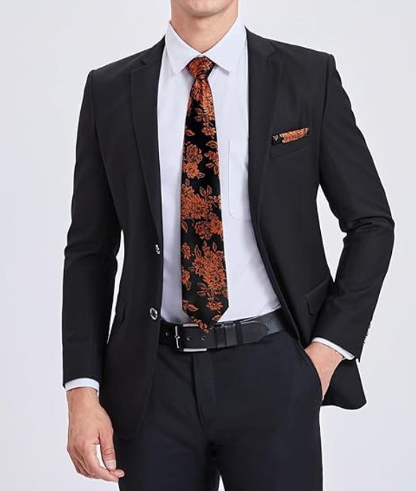 Dluxe Ave. Mens Ties Orange Tie Orange & Black Floral Tie for Men Pocket Square Cufflinks Set