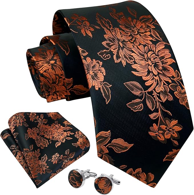 Dluxe Ave. Mens Ties Orange Tie Orange & Black Floral Tie for Men Pocket Square Cufflinks Set