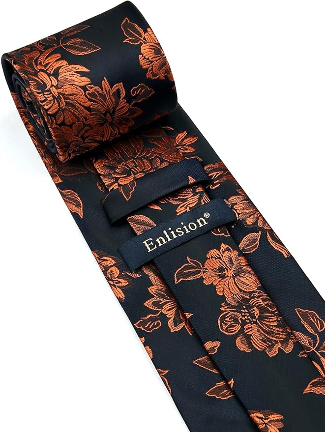 Dluxe Ave. Mens Ties Orange Tie Orange & Black Floral Tie for Men Pocket Square Cufflinks Set