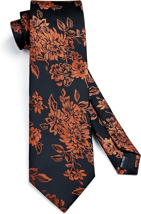 Dluxe Ave. Mens Ties Orange Tie Orange & Black Floral Tie for Men Pocket Square Cufflinks Set