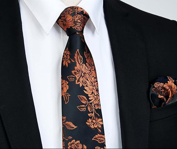 Dluxe Ave. Mens Ties Orange Tie Orange & Black Floral Tie for Men Pocket Square Cufflinks Set