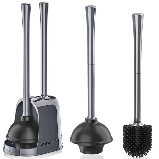 Dluxe Ave. Toilet Plunger and Brush Silicone Bowl Brush and Heavy Duty Toilet Plunger Set with Ventilated Holder 2-in-1 Toilet Brush and Plunger Combo for Bathroom Cleaning (Gray 1 Set)