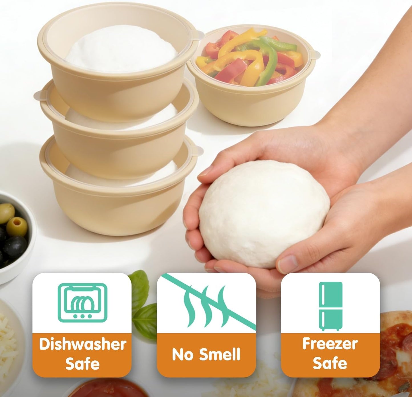 Dluxe Ave. FEHNAG 4Pcs Stackable Silicone Pizza Dough Proofing Containers with Lids Accessories 700ml(4Pcs Beige)