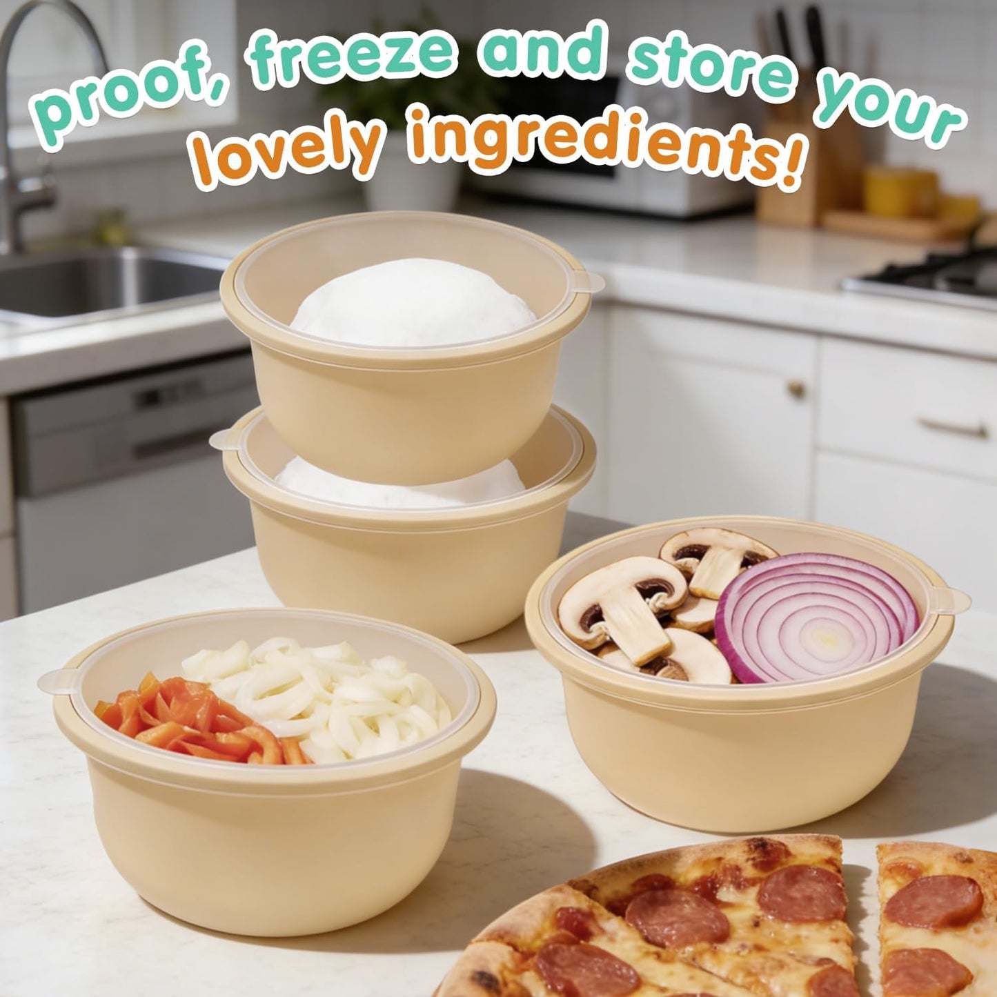 Dluxe Ave. FEHNAG 4Pcs Stackable Silicone Pizza Dough Proofing Containers with Lids Accessories 700ml(4Pcs Beige)