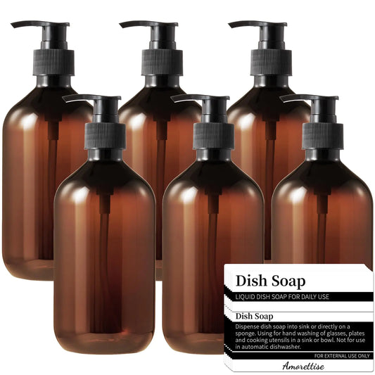 Dluxe Ave. 6 Pack Plastic Pump Bottles Dispenser 16oz/500ml Empty Cylinder Shampoo Soap Dispenser Refillable Containers with Extra Sprayer Pump Labels for Body Wash Lotion Gel(Amber)