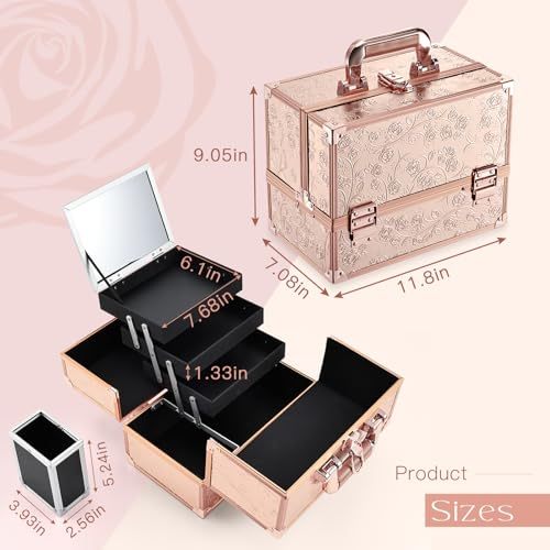 Dluxe Ave. FRENESSA Makeup Train Case 11.8 Inch Extra Large Makeup Organizer Case 3 Trays with Mirror Cosmetic Travel Storage Box for Makeup Artist Nail Art Tech Sewing Supplies Travel Case Rose Gold Floral