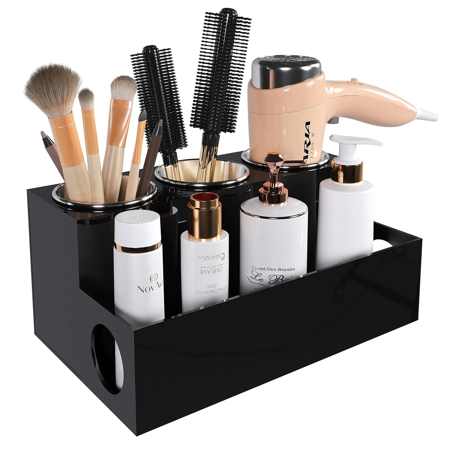 Dluxe Ave. PITBVO Hair Tool Organizer Black Acrylic Hair Dryer Holder with 3 Cups Bathroom Supplies Countertop Blow Dryer Holder Vanity Caddy Storage Stand for Accessories Makeup Toiletries