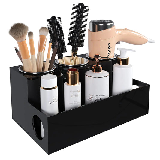 Dluxe Ave. PITBVO Hair Tool Organizer Black Acrylic Hair Dryer Holder with 3 Cups Bathroom Supplies Countertop Blow Dryer Holder Vanity Caddy Storage Stand for Accessories Makeup Toiletries