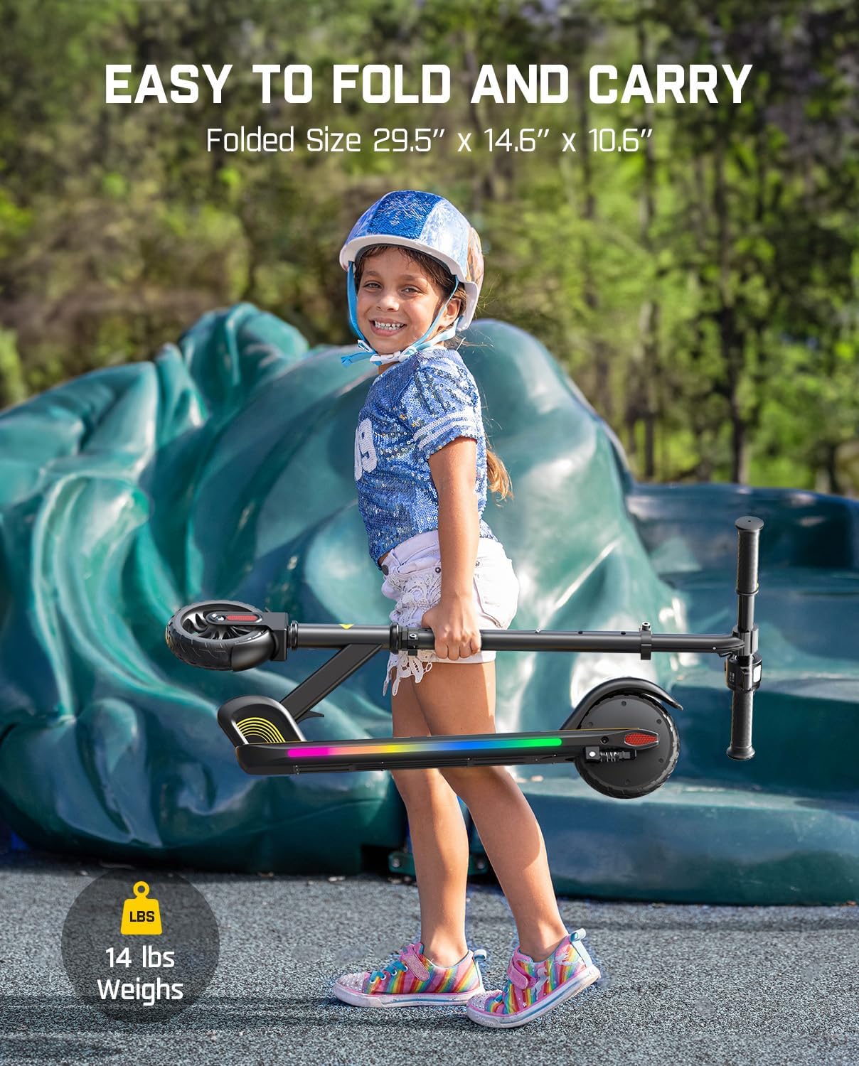 Dluxe Ave. C9 Pro Electric Scooter for Kids 3.9 ft - 5.2 ft, Colorful Rainbow Lights 5/8/10MPH 5 Miles Range Up to 40 mins, LED Display Adjustable Height, Foldable for Kids up to 132 lbs (Black)