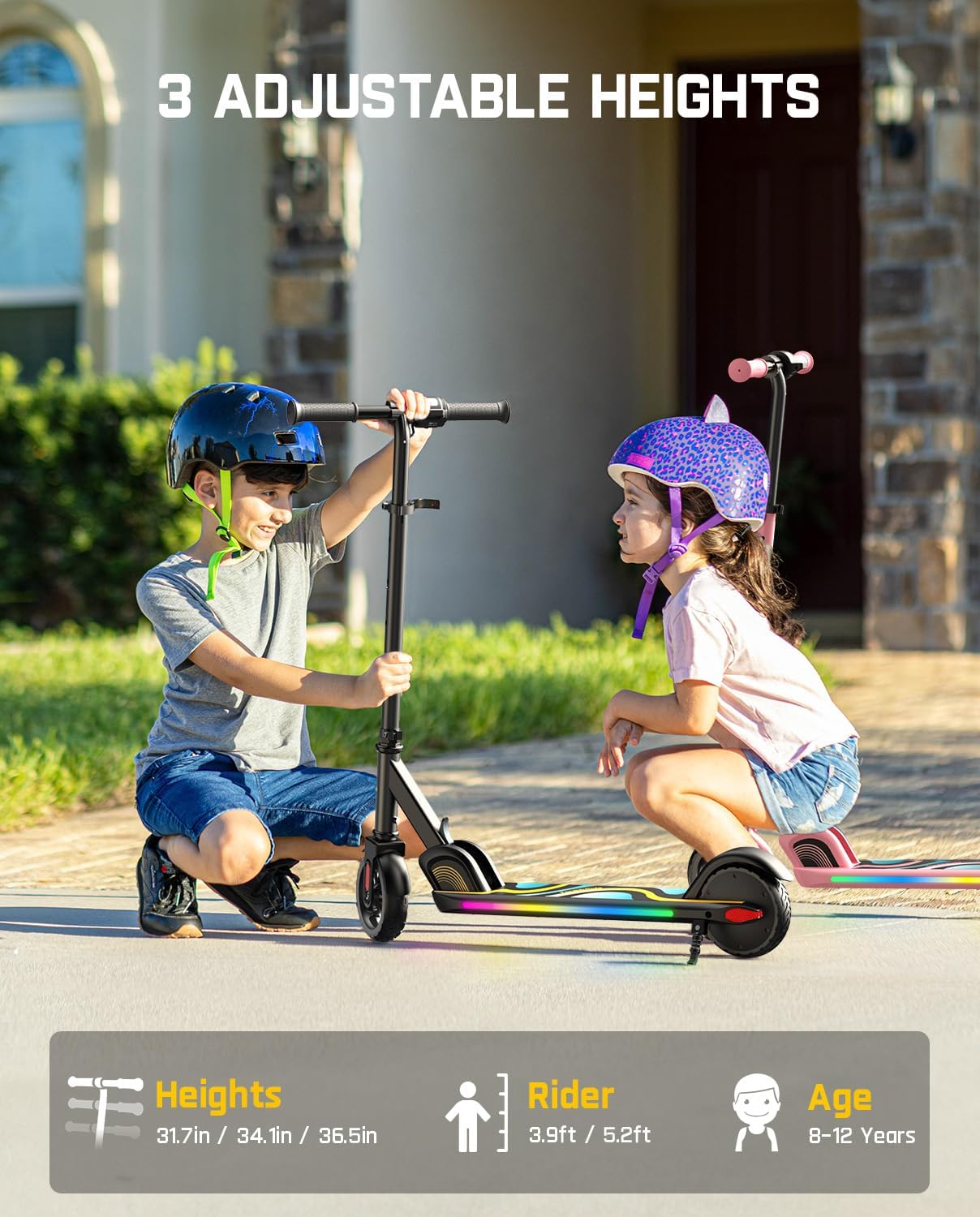 Dluxe Ave. C9 Pro Electric Scooter for Kids 3.9 ft - 5.2 ft, Colorful Rainbow Lights 5/8/10MPH 5 Miles Range Up to 40 mins, LED Display Adjustable Height, Foldable for Kids up to 132 lbs (Black)