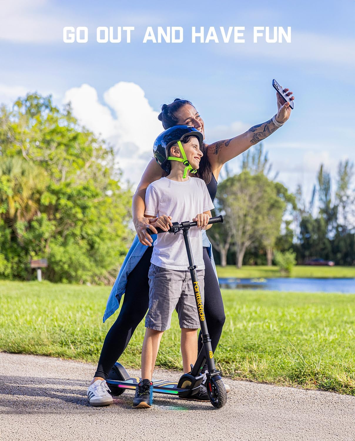 Dluxe Ave. C9 Pro Electric Scooter for Kids 3.9 ft - 5.2 ft, Colorful Rainbow Lights 5/8/10MPH 5 Miles Range Up to 40 mins, LED Display Adjustable Height, Foldable for Kids up to 132 lbs (Black)