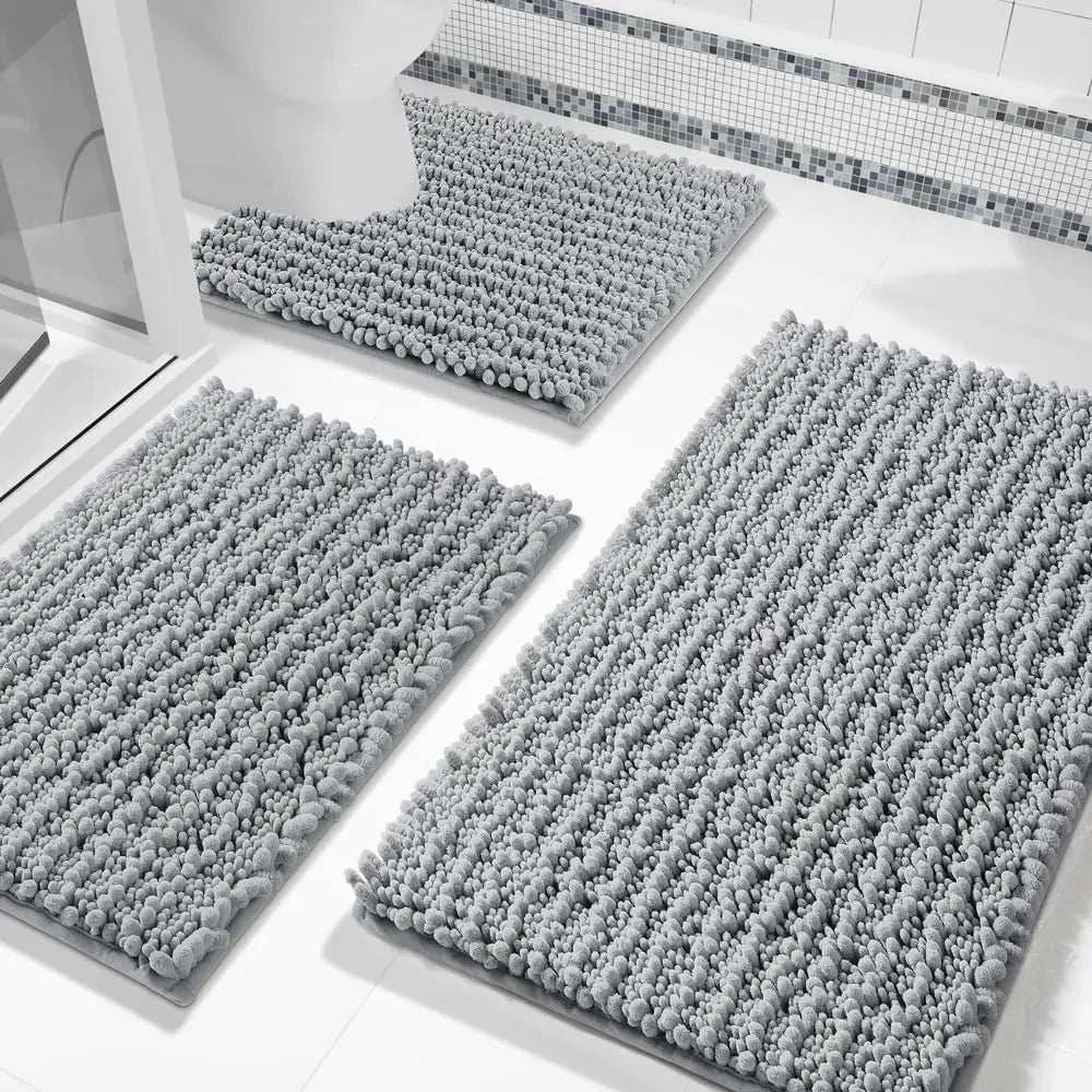 Dluxe Ave. Yimobra Bathroom Toilet Rugs Sets 3 Piece Extra Soft Absorbent Chenille Bath Mat Set  Bathroom Shower and Tub Non Slip Grey