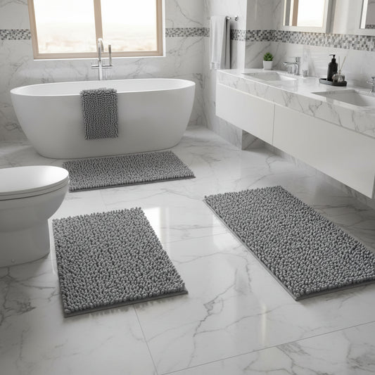 Dluxe Ave. Bathroom Toilet Rugs Sets 3 Piece/ Extra Soft Absorbent Chenille /Grey
