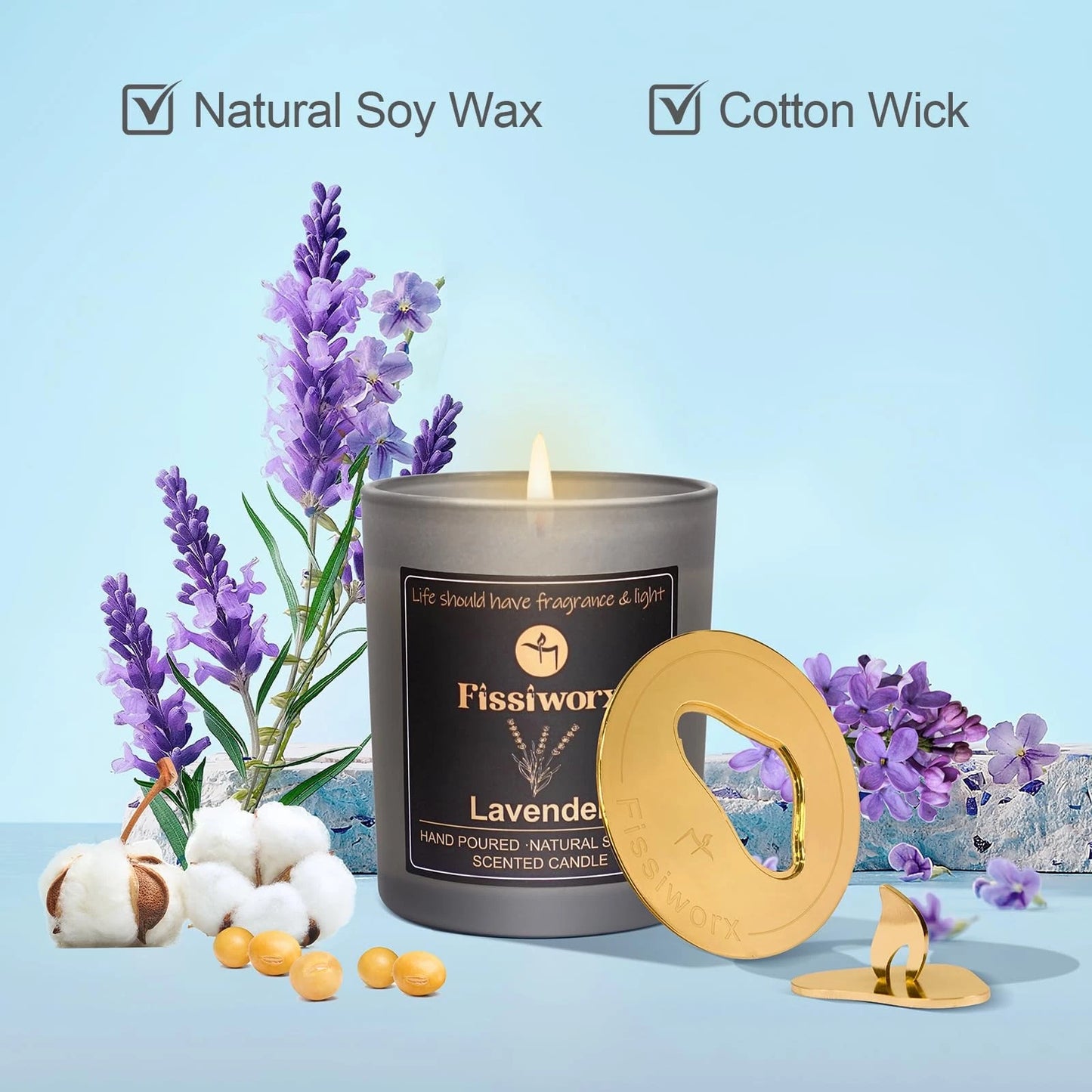 Dluxe Ave. Lavender Scented Candle with Candle Topper/ Natural Soy Wax/ Burn 60-Hour