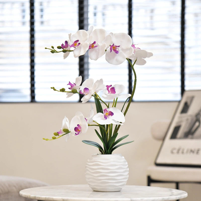 Dluxe Ave. FuleHouzz Artificial Orchids in Vase Faux Real Touch Orchid Flowers in Pot Fake Phalaenopsis Potted with Ceramic Vase for Home Office Wedding Table Decoration White and Pink