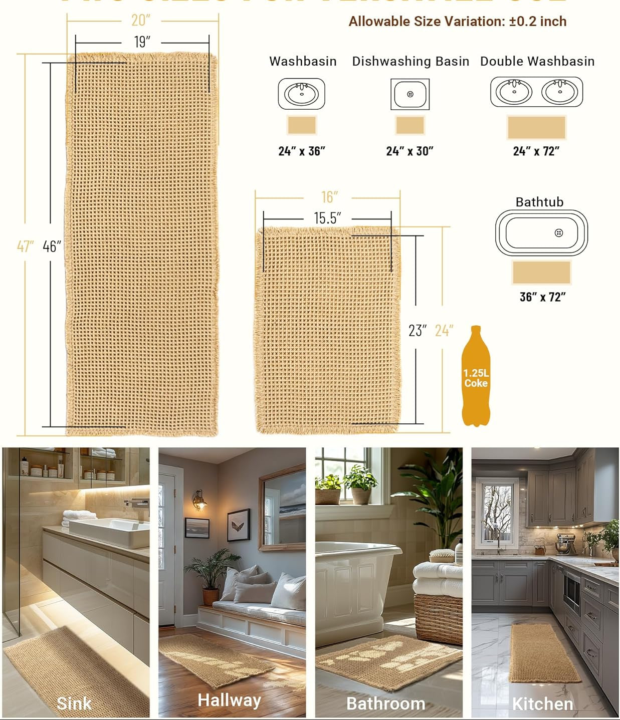 Dluxe Ave. Large Waffle Bath Mat Set Non Slip Bathroom Mat Set, Ultra Absorbent, Extra Soft, 2 Piece(20"×47" and 16"×24")