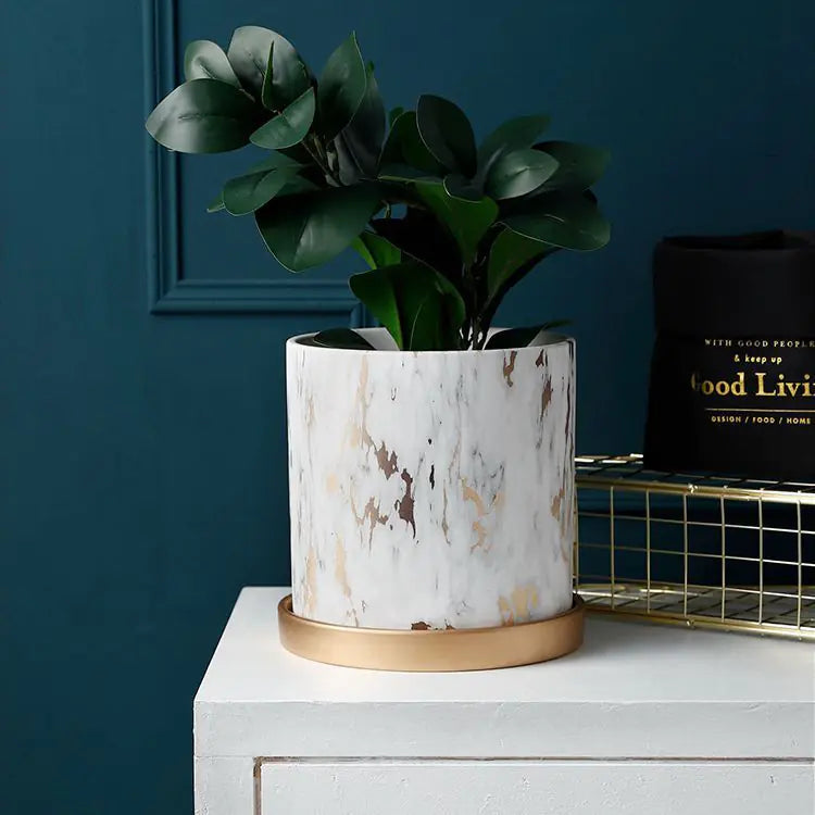 Dluxe Ave. European Style Cement Flower Pot with Ceramic Gold