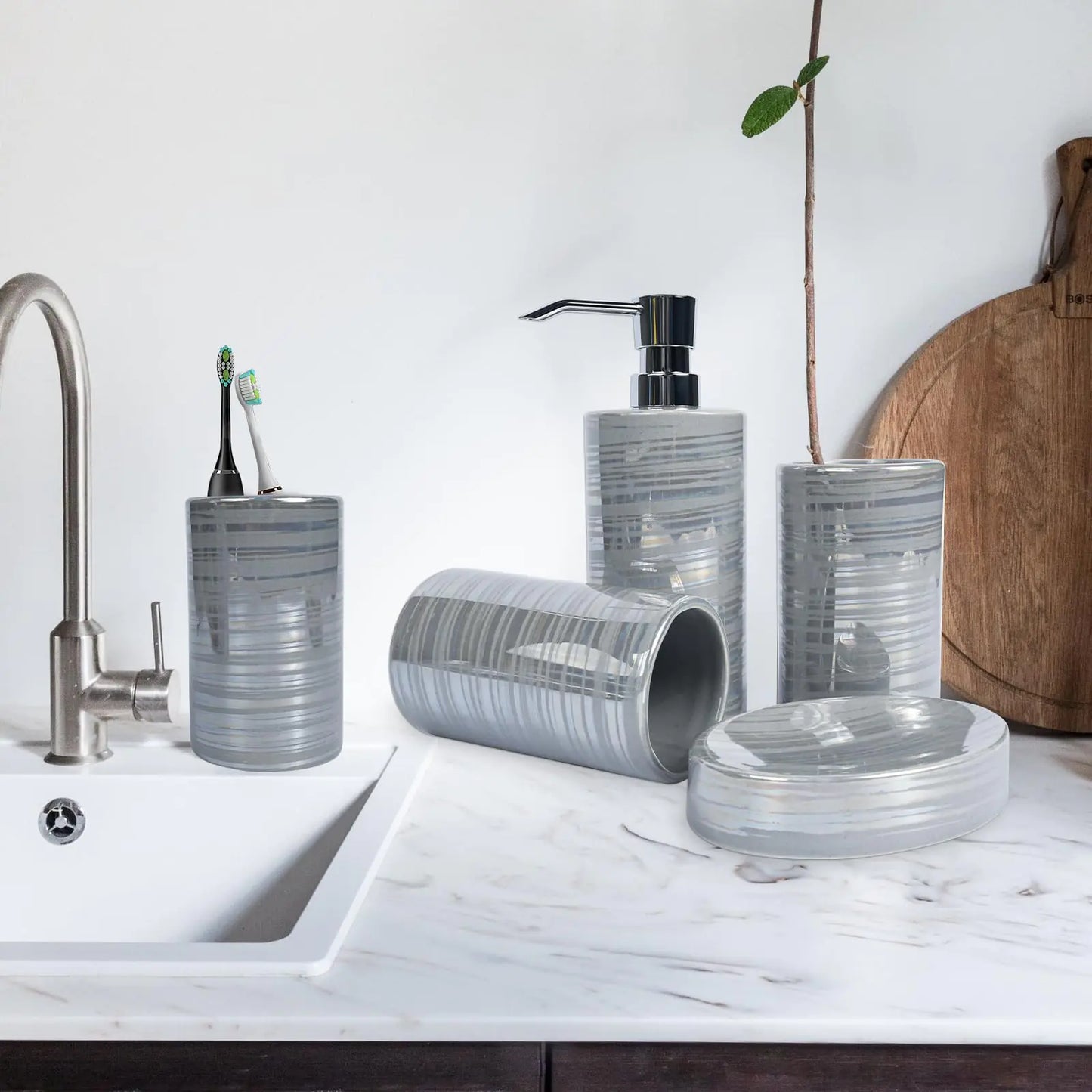 Dluxe Ave. Amaauto Gray Bathroom Accessories Set 4 Pcs Soap Dispenser Ceramic Bathroom Decor Set with Toothbrush Cup*2 Gray Soap Dispenser Soap Dish