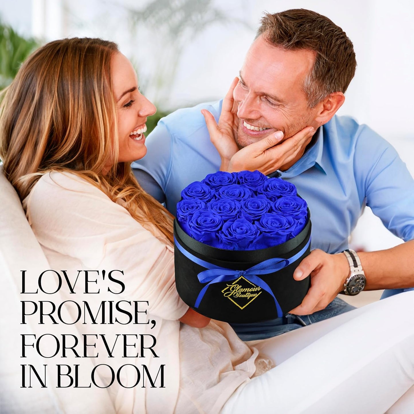 Dluxe Ave. GLAMOUR BOUTIQUE Flowers Forever Gift Box 12 Real Preserved Roses in a Velvet Black Box Blue