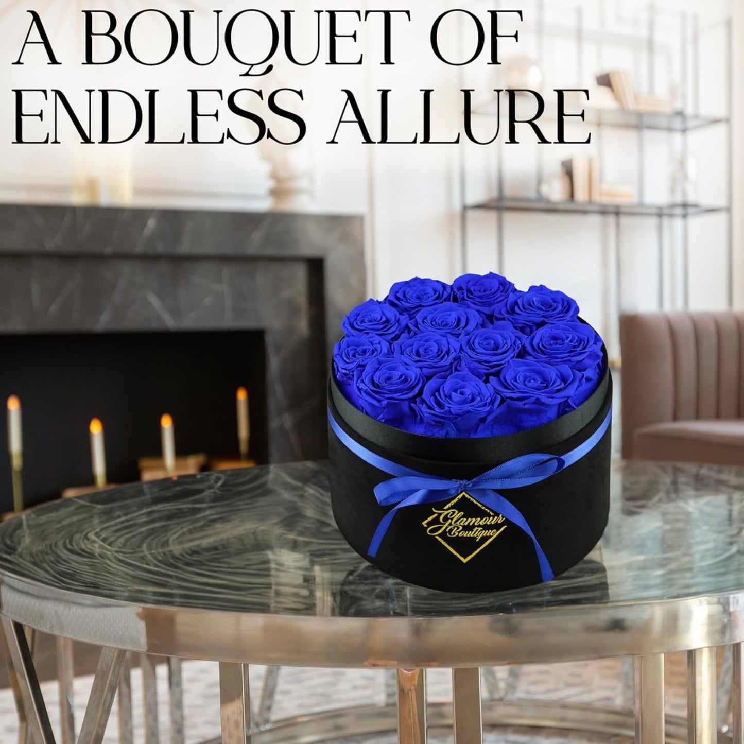 Dluxe Ave. GLAMOUR BOUTIQUE Flowers Forever Gift Box 12 Real Preserved Roses in a Velvet Black Box Blue