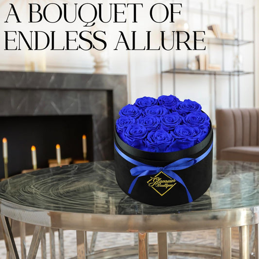 Dluxe Ave. GLAMOUR BOUTIQUE Flowers Forever Gift Box 12 Real Preserved Roses in a Velvet Black Box Blue
