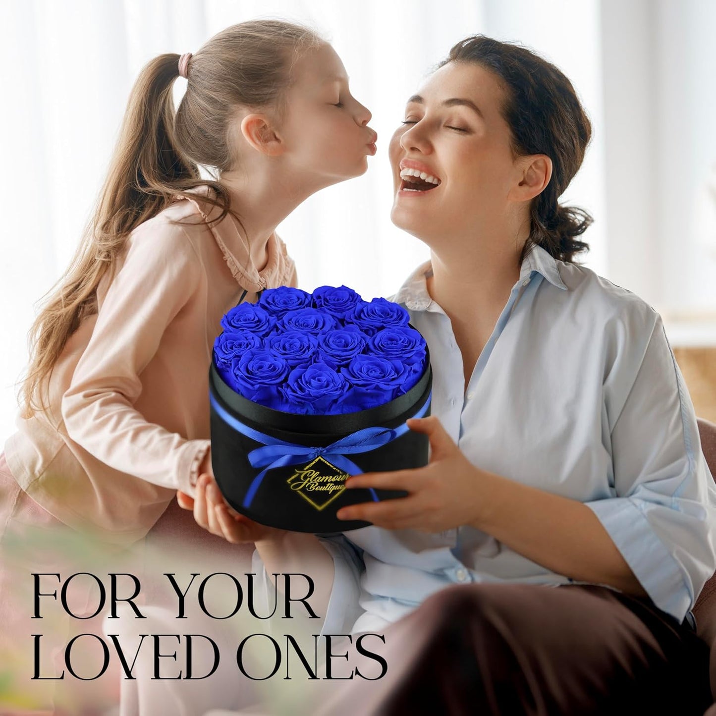 Dluxe Ave. GLAMOUR BOUTIQUE Flowers Forever Gift Box 12 Real Preserved Roses in a Velvet Black Box Blue