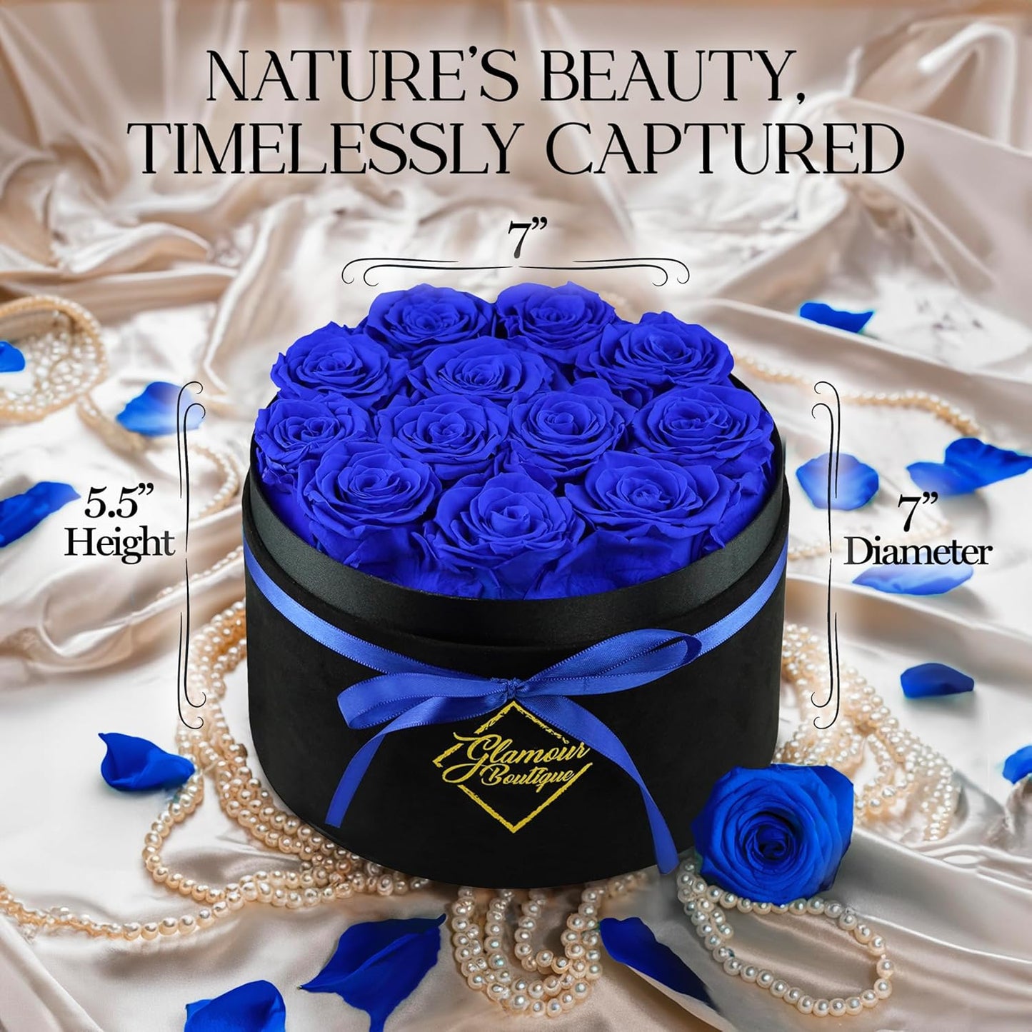 Dluxe Ave. GLAMOUR BOUTIQUE Flowers Forever Gift Box 12 Real Preserved Roses in a Velvet Black Box Blue