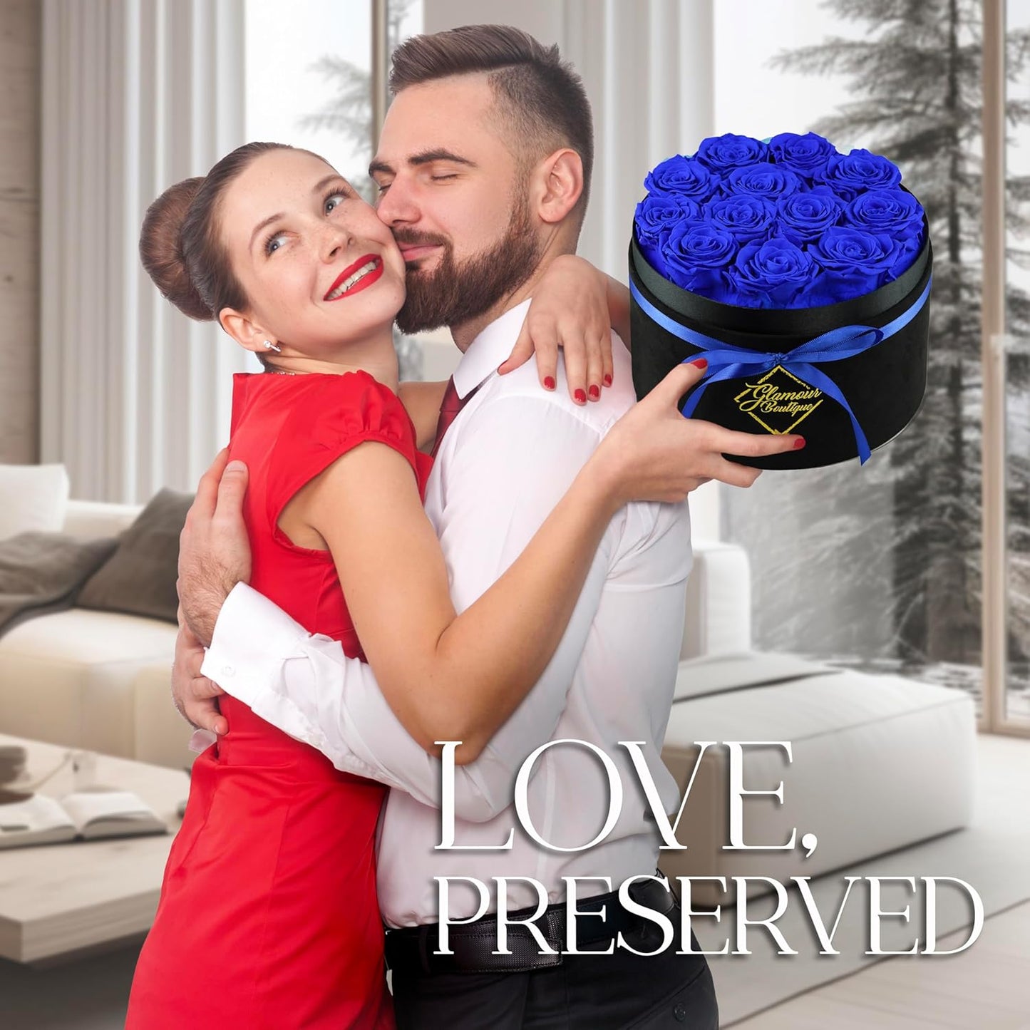 Dluxe Ave. GLAMOUR BOUTIQUE Flowers Forever Gift Box 12 Real Preserved Roses in a Velvet Black Box Blue