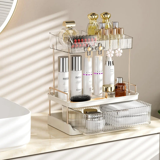 Dluxe Ave. Delamu 2-Tier Bathroom Counter Organizer with Drawer Multi-purpose Makeup Organizer Countertop for Vanity Large Bathroom Countertop Skincare Organizer Clear